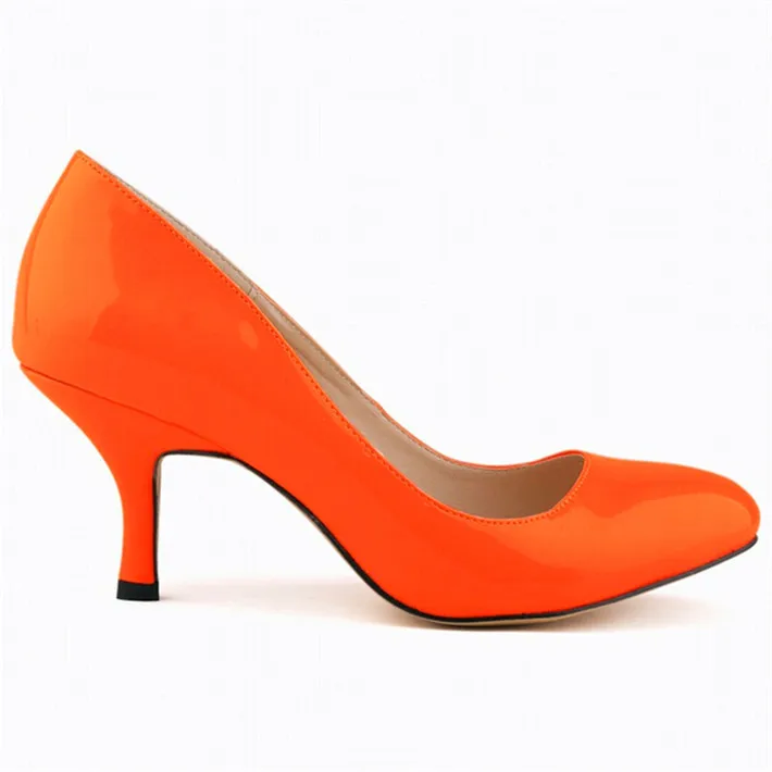 Классические однотонные женские туфли-лодочки; офисные туфли; коллекция года; модные женские туфли на высоком каблуке с круглым носком из искусственной кожи; ; 14 цветов - Цвет: Оранжевый