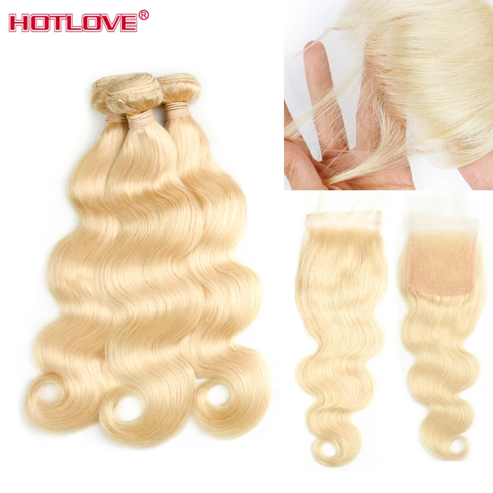 Hotlove Hair Brazilain Hair Extensions Body Wave 613 Blonde Hair Bundles with Closure Free Part 3 Bundles with Closure Remy Hair