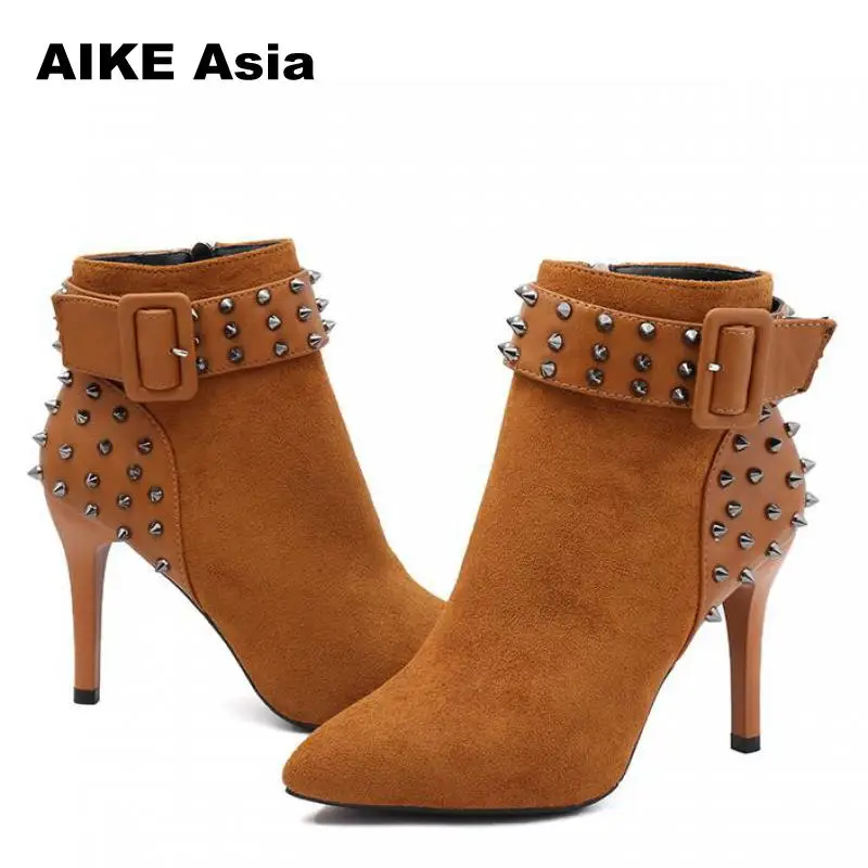 

2018 Autumn Winter Women Boots zip High Heels Boots Fashion Sexy Pointed Toe Ankle Boots High Heels Botas Mujer Rivet