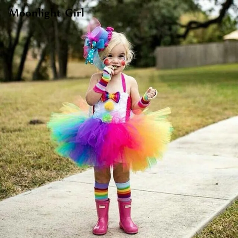 

Fanny Rainbow Clown Girl Tutu Dress Bow Mini Ball Gown Dresses Holiday Party Dress Up Cosplay Halloween Costume For Kids PQ213