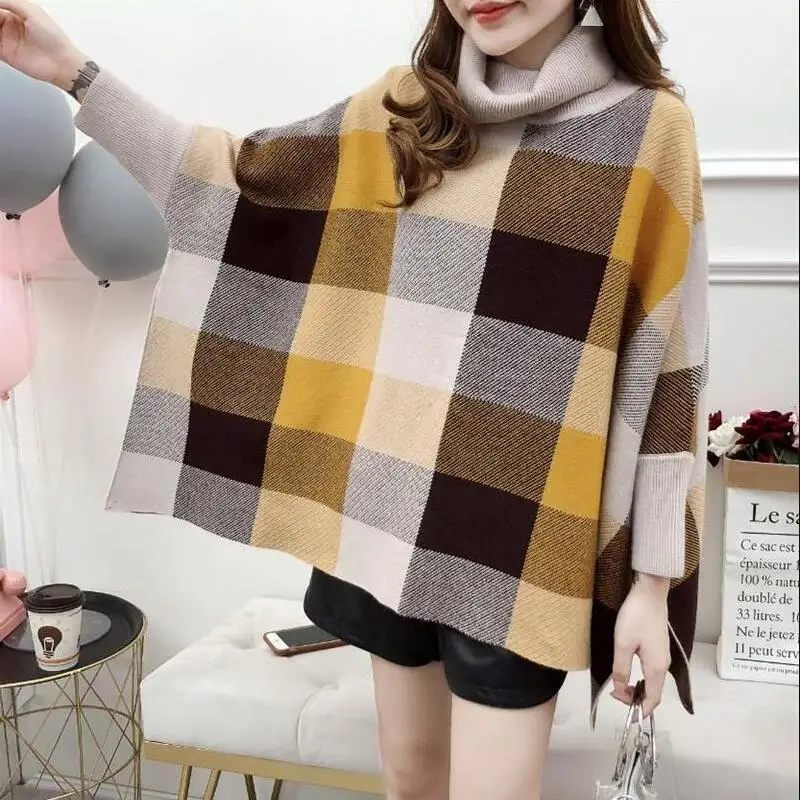

New loose high collar plaid shawl sweater coat female bat sleeve sweater