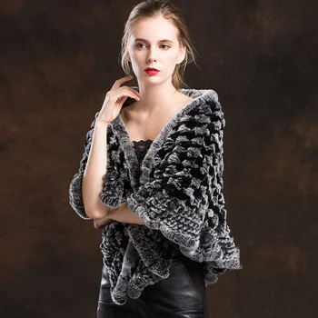 

Contrast color knit natural rex rabbit fur shawl poncho fashion fur jackets women 2018 new style real fur coats
