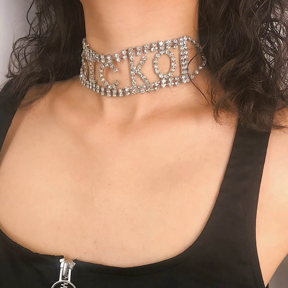 

OLOEY Sexy Women Choker Fashion Nightclub Necklace For Ladies Exaggerated Crystals Short Chokers Lady Party Jewelry Accessories