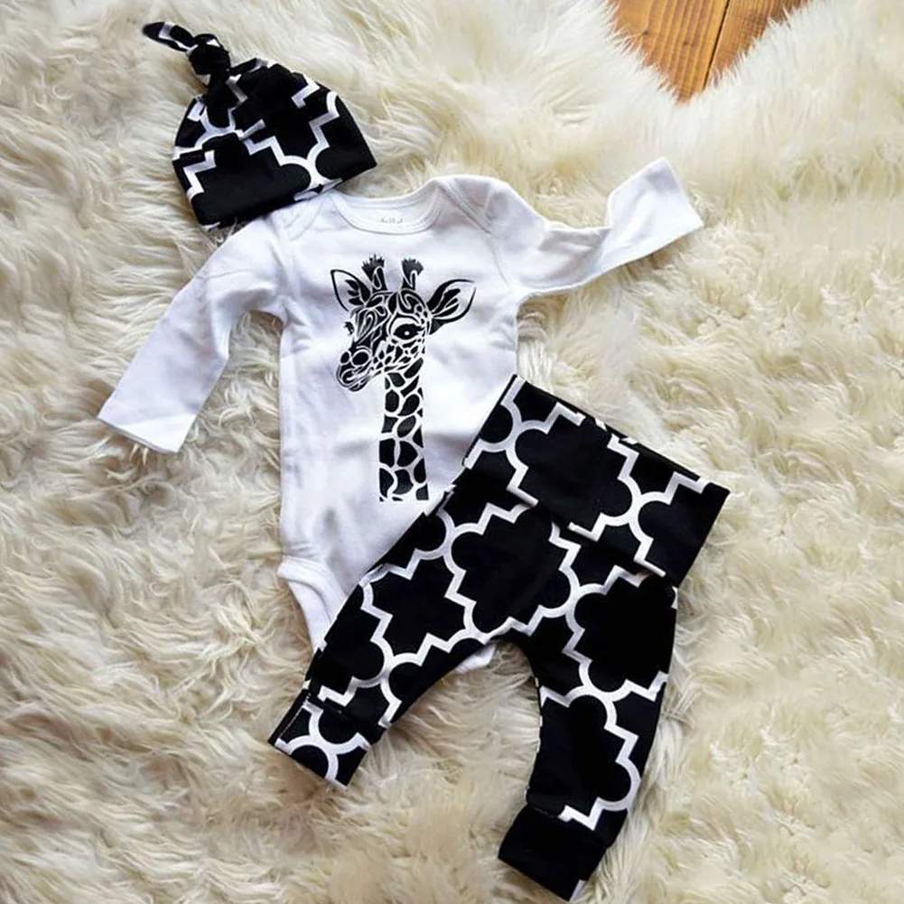 3pcs Newborn Baby Boys clothes Cotton deer long sleeve Romper+ Pants+Hat Outfits Clothes Set