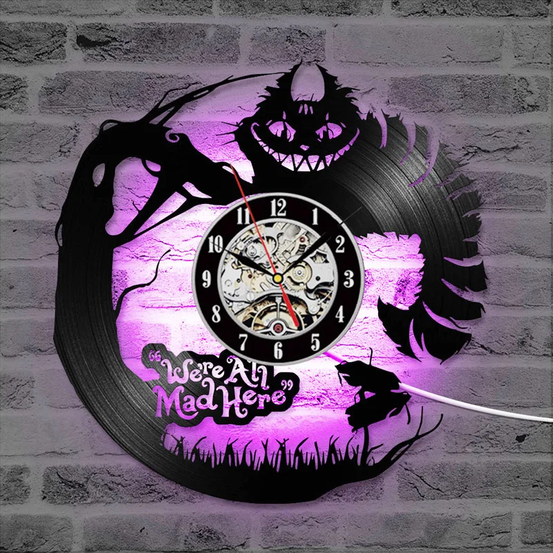 Виниловая пластинка светодиодный настенные часы Современный дизайн 3D Мультфильм Алиса в стране чудес креативный CD запись Подвесные часы настенные часы домашний декор
