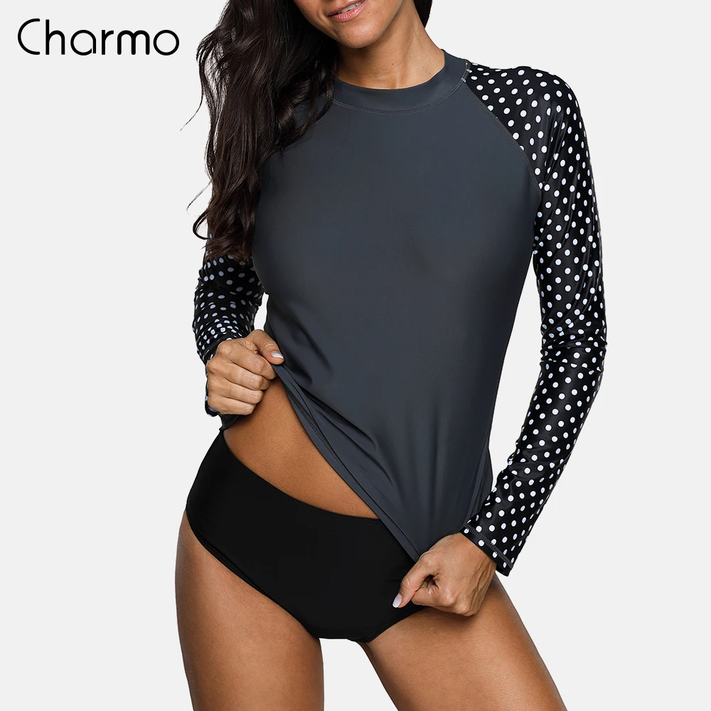 

Charmo Women Long Sleeve Rashguard Swimsuit Polka Dot Solid Swimwear Surfing Top Running Shirts Rash Guard Beachwear Biking Top