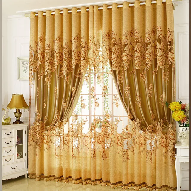 Helen Curtain Luxury Gold Blackout Burnout Curtains for Living Room