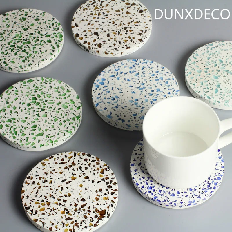 

DUNXDECO Terrazzo Coaster Coffee Cup Pad Set Modern Mosaic Geometric Round Table Mat Desk Accessories Simple Art Room Decor 2PC