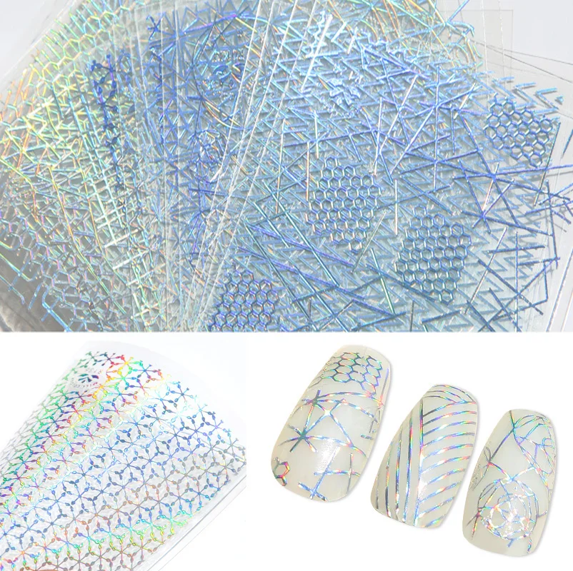 

12 Sheet Nail Art Sticker Laser Silver Adhesive Irregular Geometry Strip Line Hollow Net Zigzag Wave Manicure DIY Decal New Set