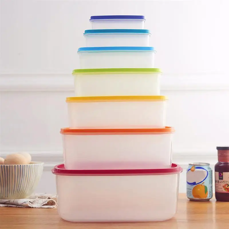 

7 pcs/Set Refrigerator Crisper Transparent Sealed Plastic Rectangular Rainbow Colored Crisper Storage Boxes Food Container