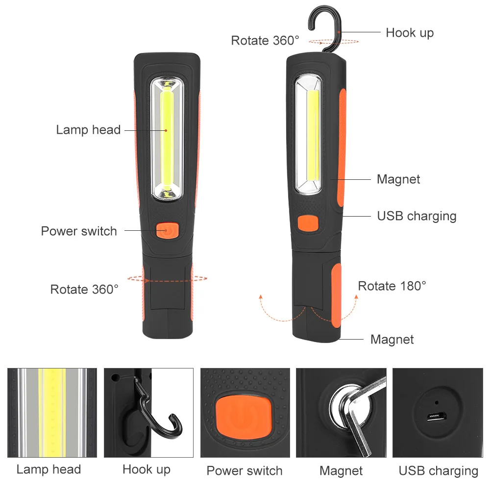 

COB LED Work Light Inspection Lamp Hand Torch Rechargeable 24.5x4.5x 3cm Sale