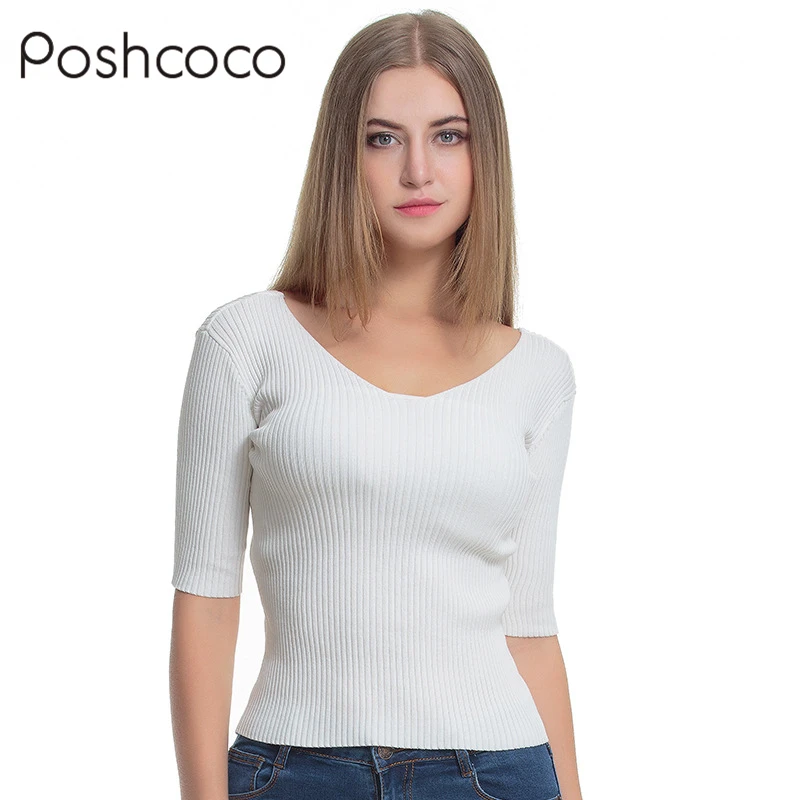 Poshcoco Women All Match Slim Knitted Sweaters 2017 Autumn V Neck Short Sleeve Knit Backless Thin Sweater Mujer Pullovers Female | Женская