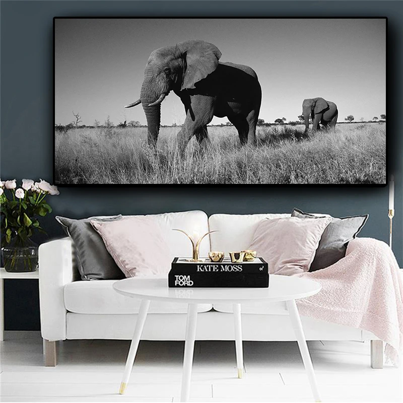 

Black and White African Elephant Wild Animal Landscape Canvas Painting Posters and Prints Cuadros Wall Picture For Living Room