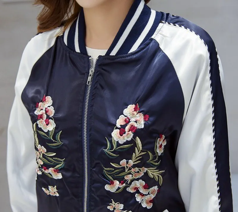 Women Bomber Jacket 2018 Casual Systemic Flowers Embroidered Flight Jackets Female Spring Autumn Basic Coats Black Pink Blue