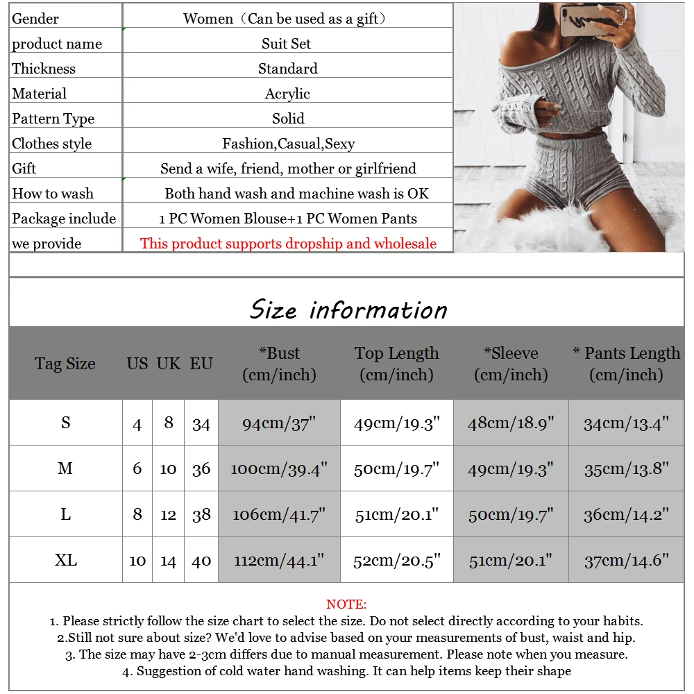 2PC Winter Knitted Cotton Women Pajamas Set Ladies Solid Sexy Off Shoulder Warm Sleepwear Fashion Short Suit Pijama Mujer