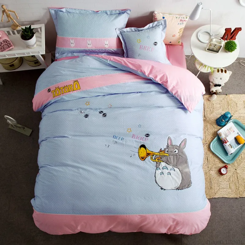 

TUTUBIRD-4pcs totoro embroider print bedding set boys/girls kids bed linen cartoon duvet cover bed sheet queen twin size