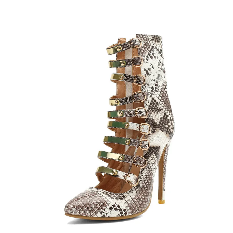 

ARQA 2019 Summer Fashion pointed toe Hollow Sexy Fine-heeled High-heeled Sandals Snake-print Short Women's Shoots