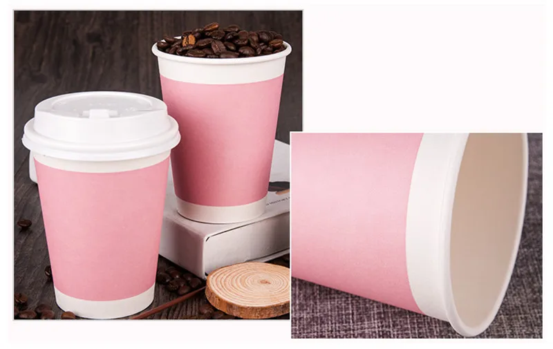 50 шт., розовые уплотненные одноразовые кофейные чашки, вечерние, свадебные, на день рождения, бумажные стаканчики для напитков, милые упаковочные стаканчики на вынос с крышкой