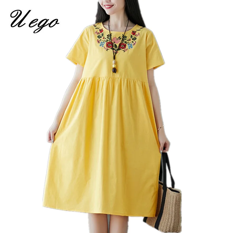 

Uego Soft Cotton Linen Short Sleeve Loose Summer Dress Fashion Embroidery Chinese Style Dress Plus Size Women Casual Midi Dress