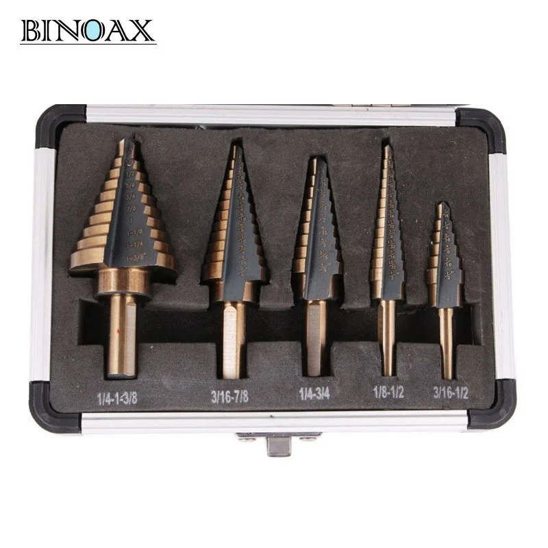 5pcs/Set HSS COBALT MULTIPLE HOLE 50 Sizes STEP DRILL BIT SET w/ Aluminum Case 5pcs/Set HSS COBALT MULTIPLE HOLE 50 Sizes STEP DRILL BIT SET w/ Aluminum Case