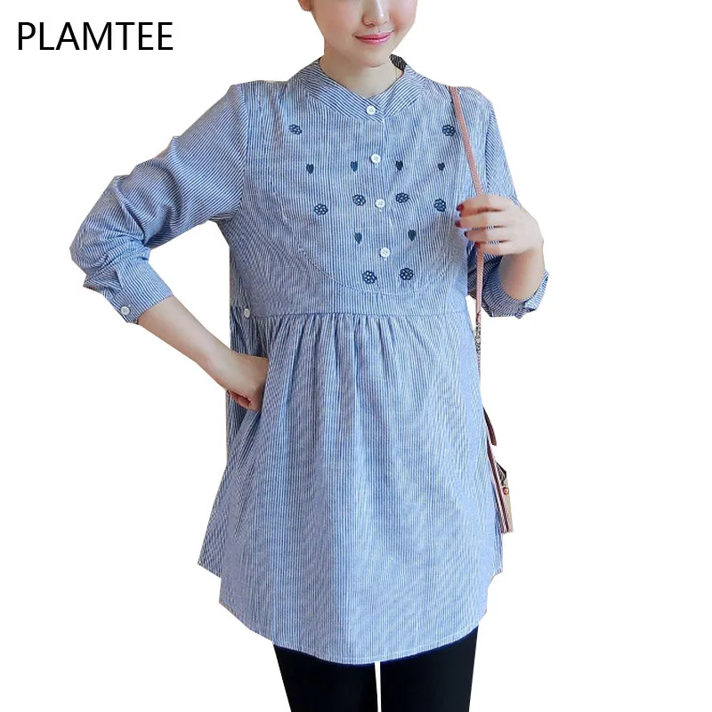 

Elegant Embroidered Gestantes Shirt Fashion Stripe Maternity Shirts Plus Size Clothes For Pregnant Women Long Sleeve Blue Blouse