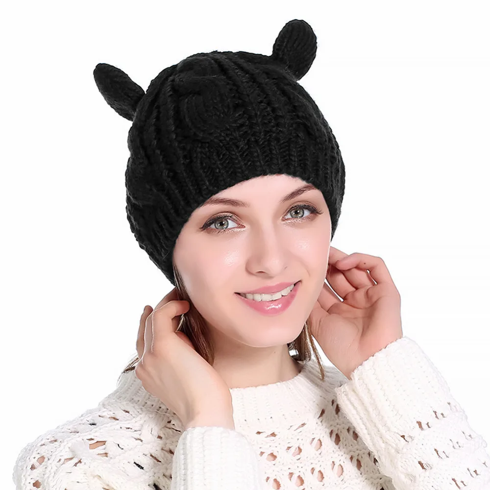 Women Winter Hat Skullies Beanies Knit Warm Hat Casual Solid Lovely Cat
