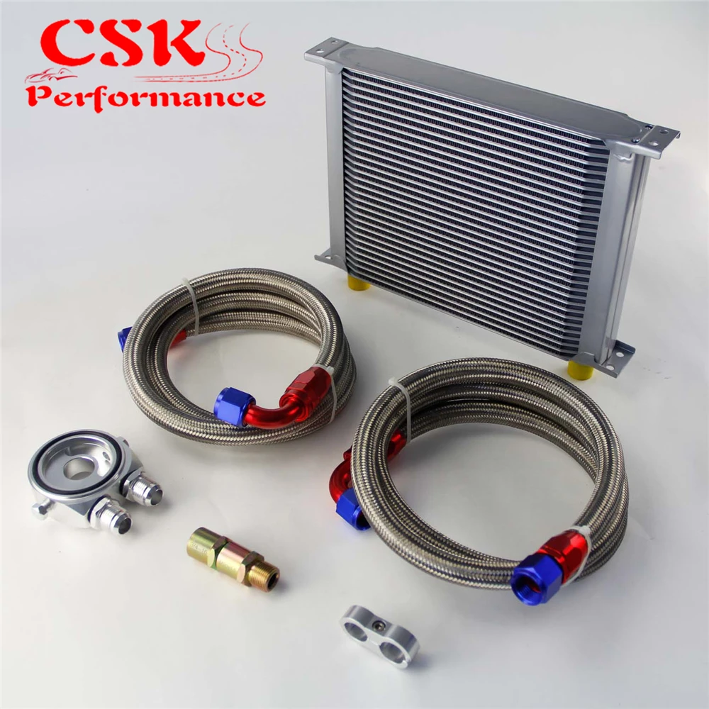 

30 Row 248mm AN10 Universal Engine Transmission Oil Cooler British Type + Aluminum Filter Hose End Kit Silver/Blue/Black