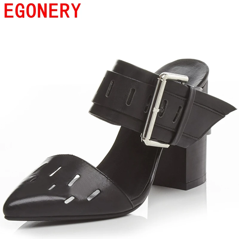 

egonery fashion sandals woman black white shoes pointed toe high heels genuine leather sandals party pumps buckle hollow shoes