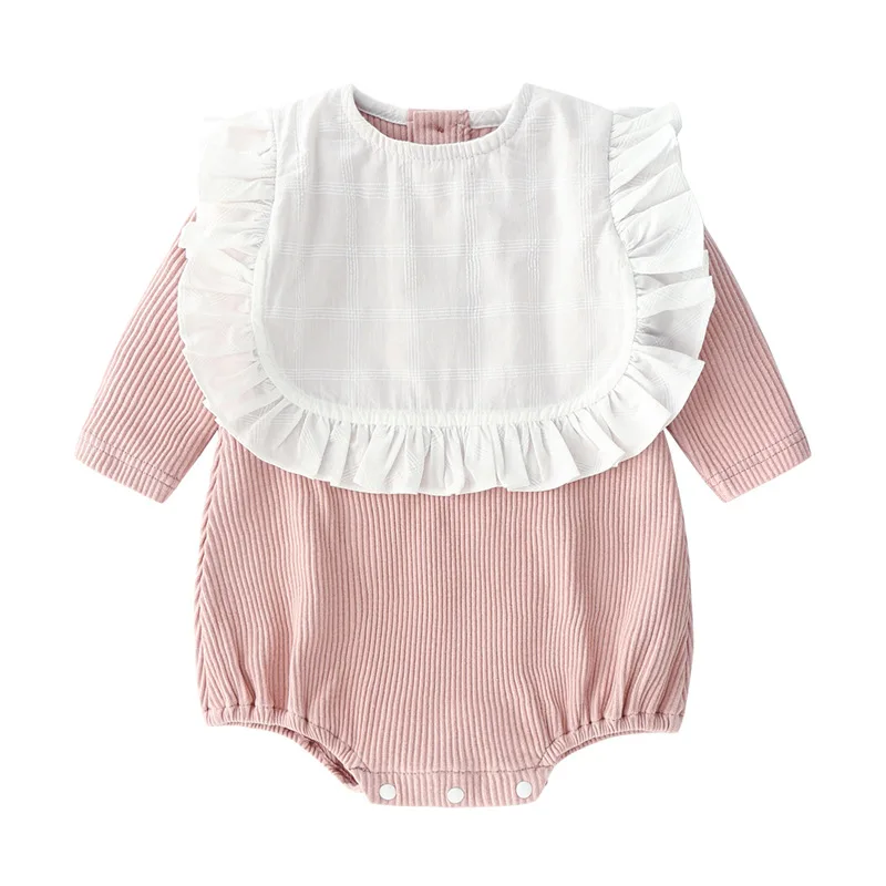 

2019 New Kids Girl Clothes Long sleeve Solid Cotton Romper with Bib 0 3 New born Baby Girl Clothes Lovely Outfit robe bebe fille