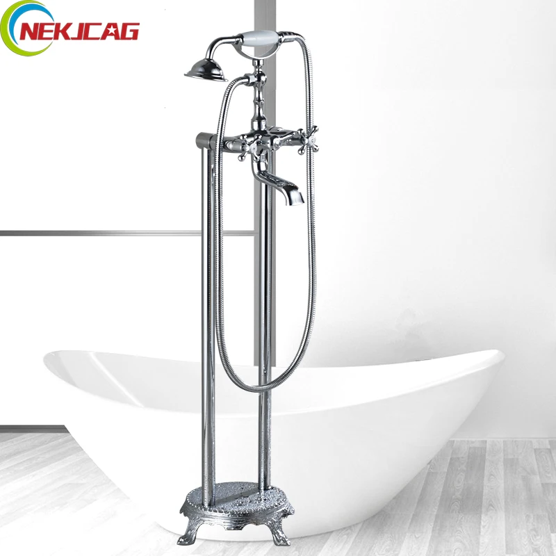 Dual Hand Wheel Floor Stand Bathtub Faucet Free Standing Bath