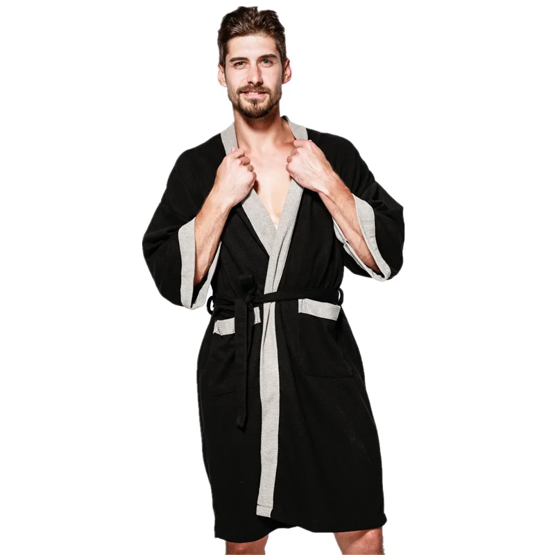 

Men's Waffle Bath Robes Dressing Gown Sleeve Solid Soft Bathrobe Peignoir Nightgowns Sleepwear Kimono