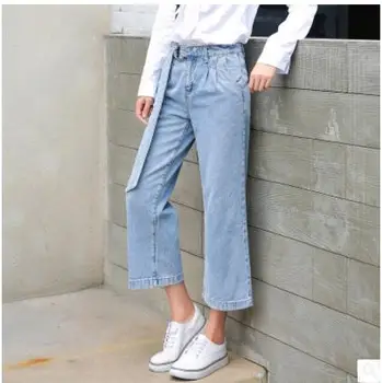 

Autumn Womens Wide Leg Pants Ankle Length Summer And Spring Jeans S/3Xl Female Loose Denim Pant Trousers With Belt S/3Xl K723