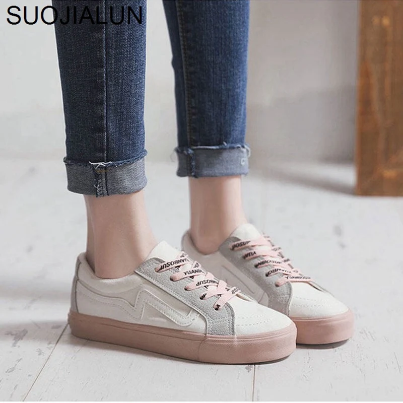 

SUOJIALUN Women Flat Shoes Round Toe Lace Up Sneakers Leisure Latest Lady Women Flats Casual Shoe Fashion Breathable Canvas Shoe