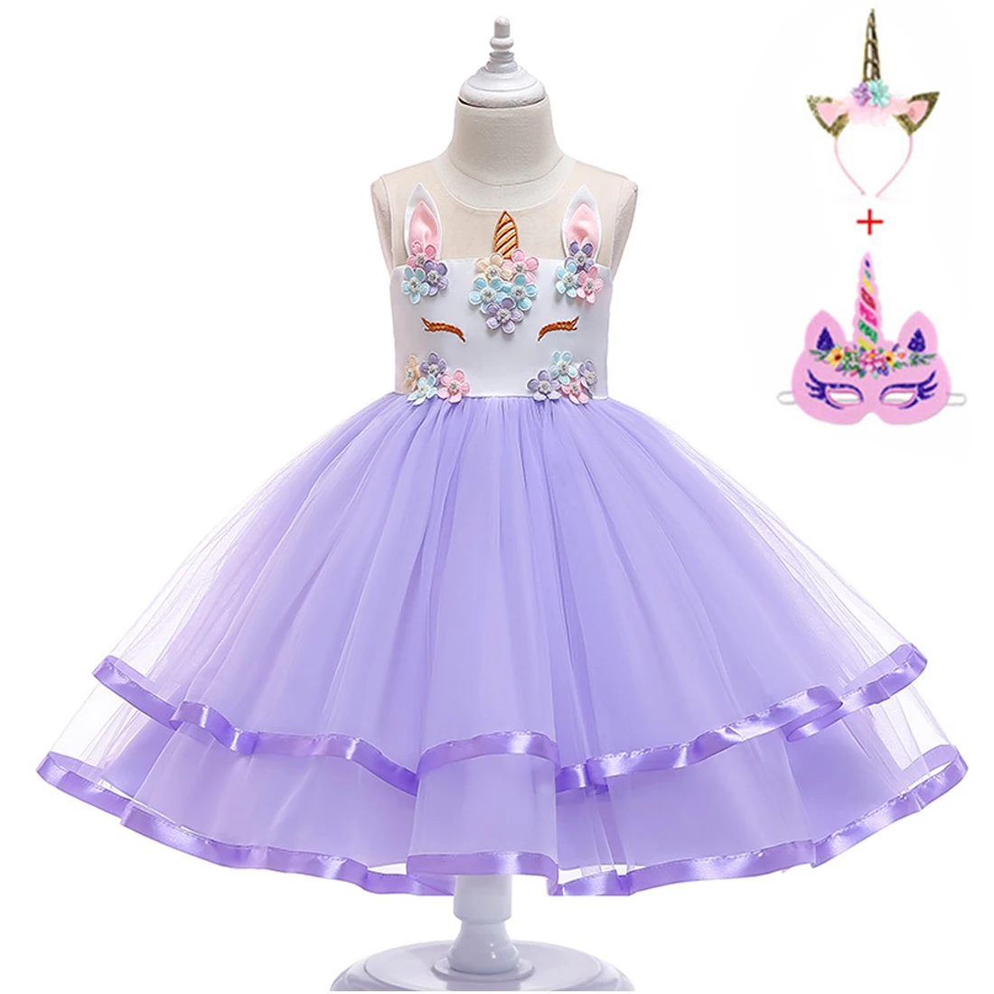 

2019 Girl Unicorn Dress Up Kids Summer Rainbow Sequin Party Tutu Dress Girls Pageant Tulle Cosplay Costume with Masks Headband
