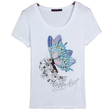 Черно-белые футболки с бабочкой и бисером, женские хлопковые эластичные футболки женские повседневные топы, футболка с коротким рукавом для женщин