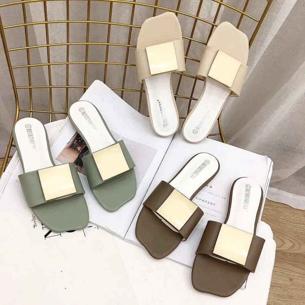 

Slippers Rubber Female Male Beach Babouche New 2019 Leisure Leather Summer Ladies Slides Sandals Flat Casual Spring Rome Metal