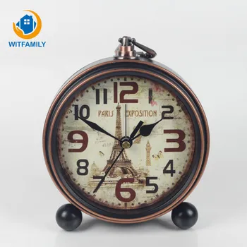 

Round Metal Alarm Clock Bedside Clock European Retro Wrought Iron Clock and Creative Alarms Bronze Side Black Silent Table Clock