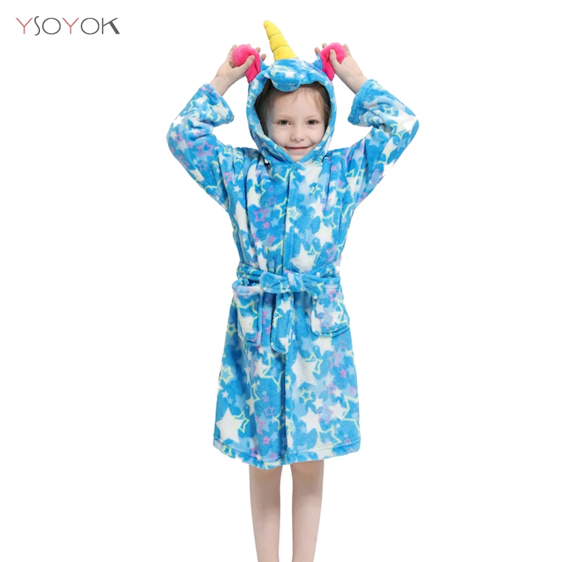 Blue star unicorn Детский халат с героями мультфильмов; фланелевый детский банный халат с капюшоном в виде единорога кигуруми; детский банный халат с изображением животных для мальчиков и девочек; детская одежда - Цвет: Blue star unicorn