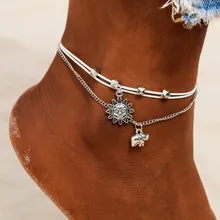 Multicapa Vintage pulseras para las mujeres Boho elefante colgante sol tobillera Cadena de cuerda de pie joyas de verano playa pulsera para el tobillo en la pierna