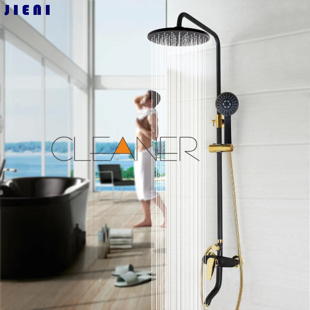 

Black Gold-plated Wall Mounted Bath Shower Set Faucet Rotation Tub Spout + Handheld Shower Spray + Rainfall Head + Single Handle