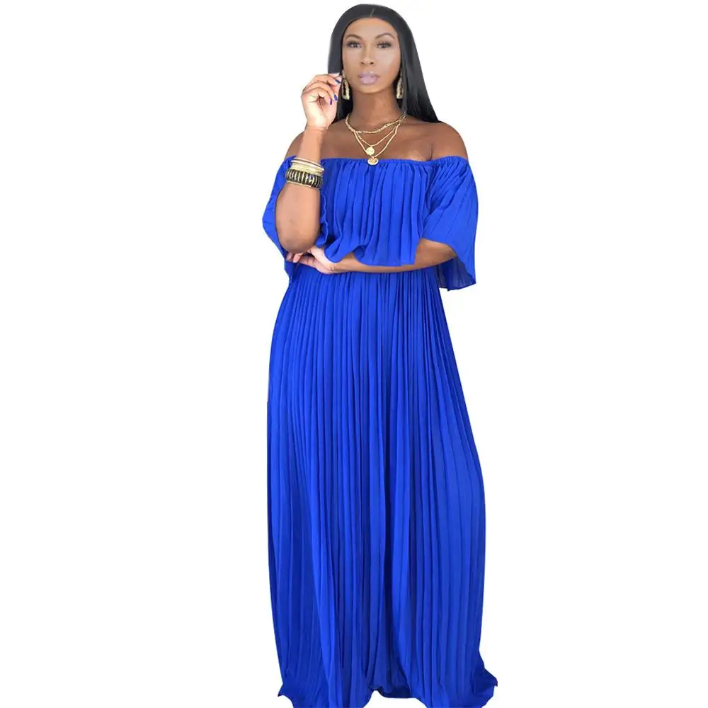 Стиль африканская женская одежда Дашики мода плиссированные чистый цвет длинное платье Размер XXL бюст 96 см YC580 - Цвет: blue