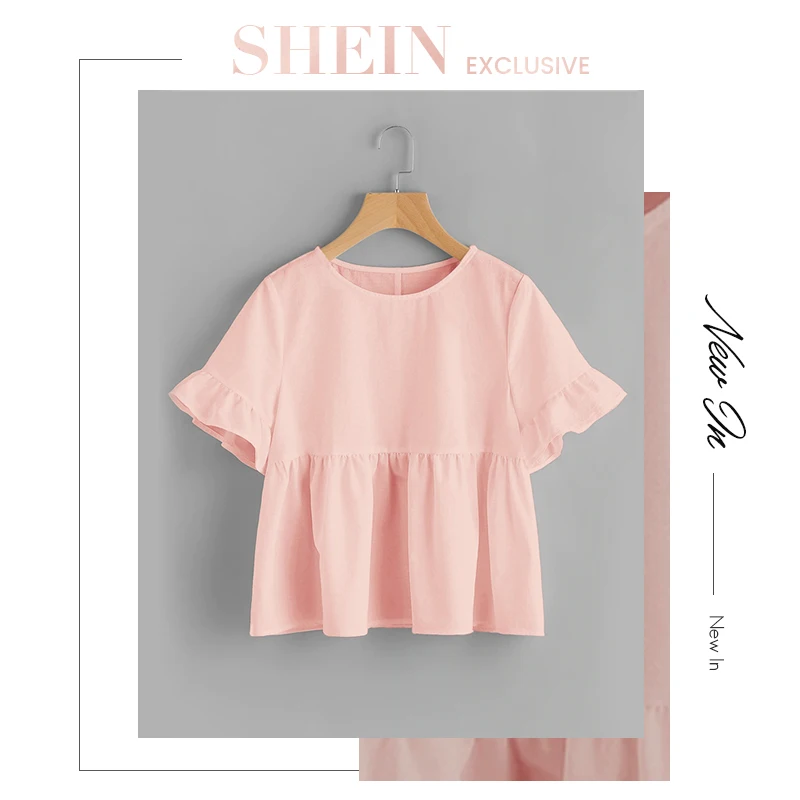 SHEIN, милый розовый топ с манжетами и рюшами, женская блузка, расклешенный подол, круглый вырез, короткий рукав, летние свободные женские топы и блузки