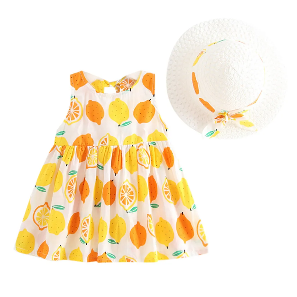 Летнее платье принцессы для маленьких девочек с рисунком фруктов, лимон, клубника, ананаса; комплект повседневной одежды с шапочкой; летнее пляжное платье - Цвет: Синий