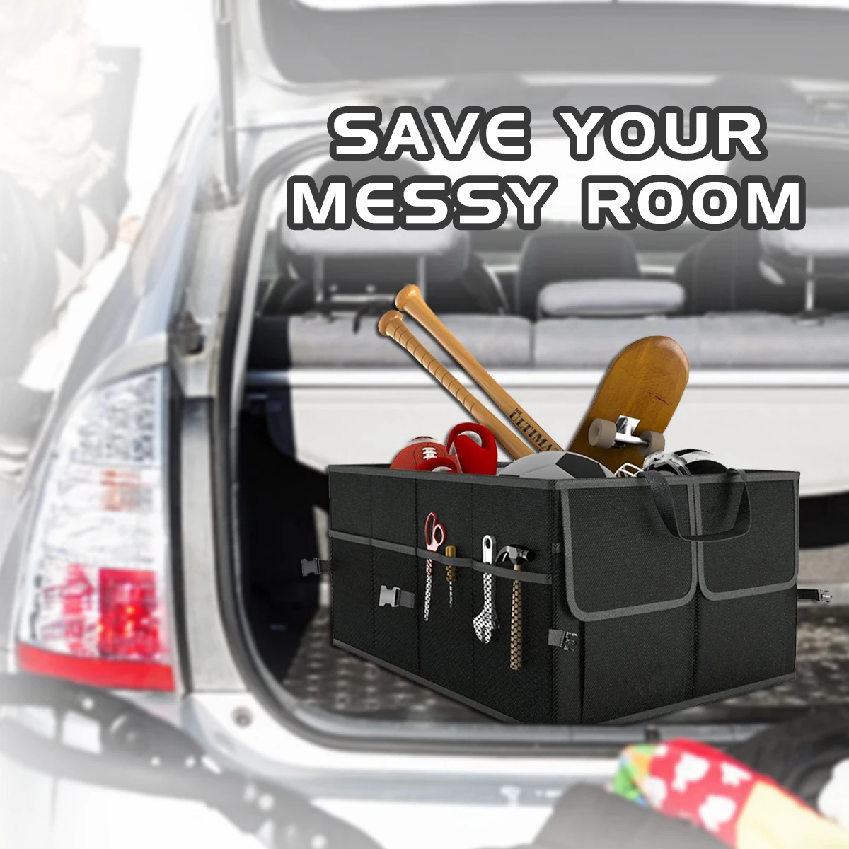 

Black Collapsible Car Travel Organizer Cargo Portable Tools Folding Storage Bag Case Space Saving Auto Boot Organiser