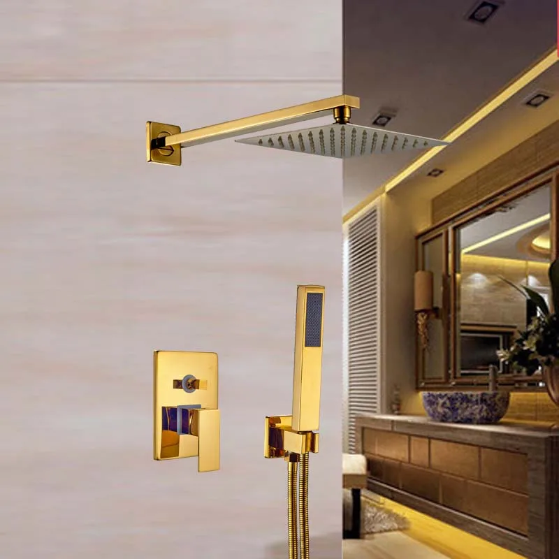 Wall Mount 10" Brass Rainfall Shower Faucet Set Mixer Valve with