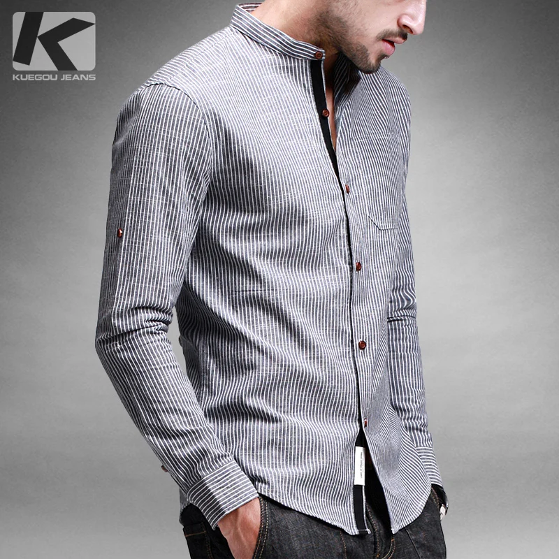 Free shipping men long sleeve stand collar stripe slim cotton shirt