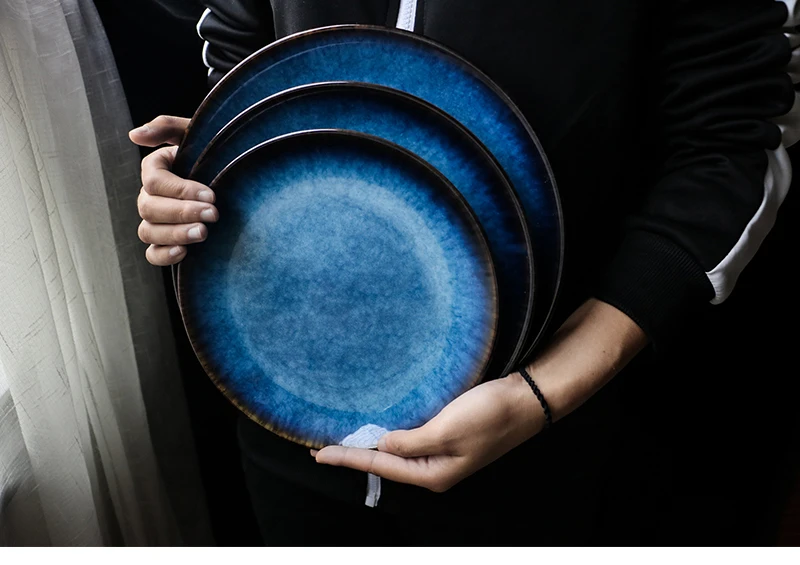 Синяя тарелка в западном стиле, японская плоская тарелка, круглый поднос, домашняя Коммерческая тарелка для стейка