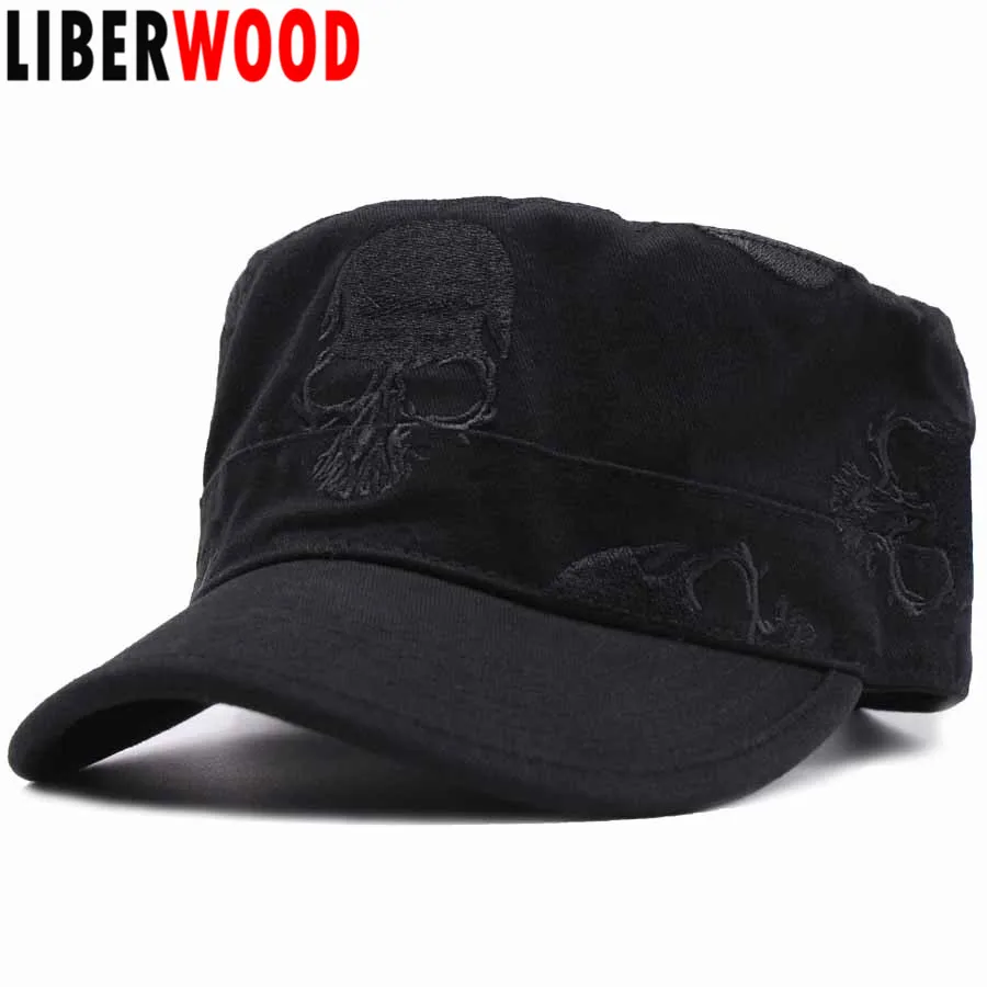 LIBERWOOD Brand new Men Embroidered skull Cap army green flat top hat