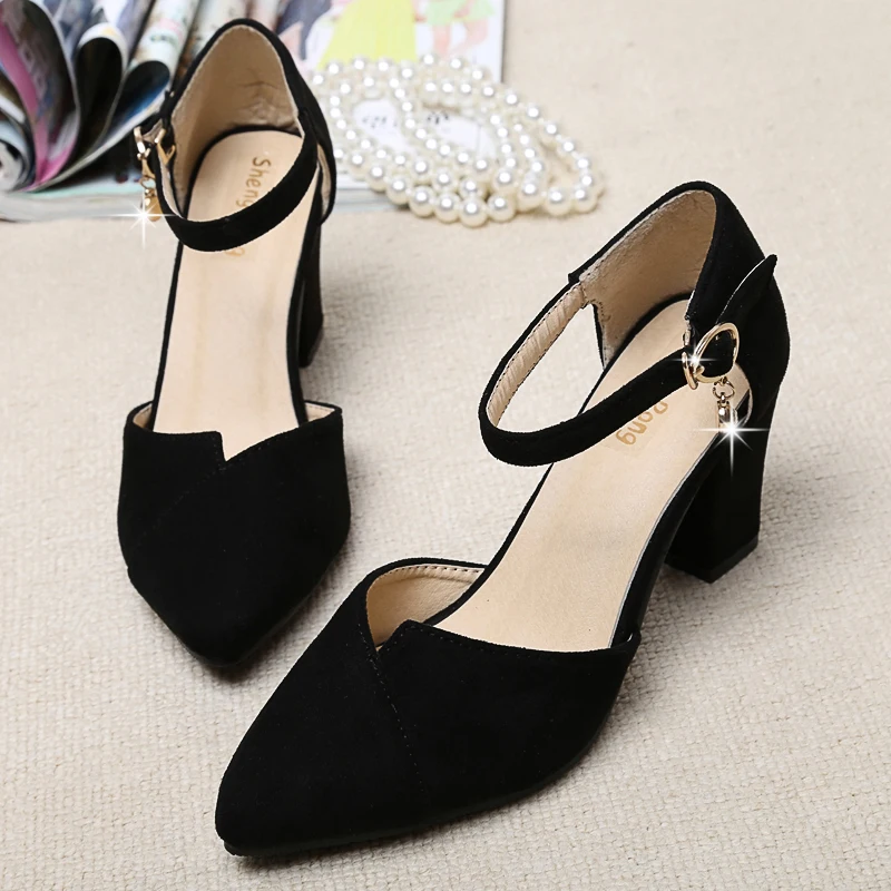 

Genuine leather high thick heel pointed toe sandals female scrub button women's shoes small yards 31 32 33 free shipping