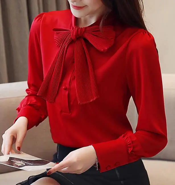 

High Quality Hot Sale 2019 Sping New Arrival Stand Collar Bowknot Long Sleeve Woman Chiffon Top